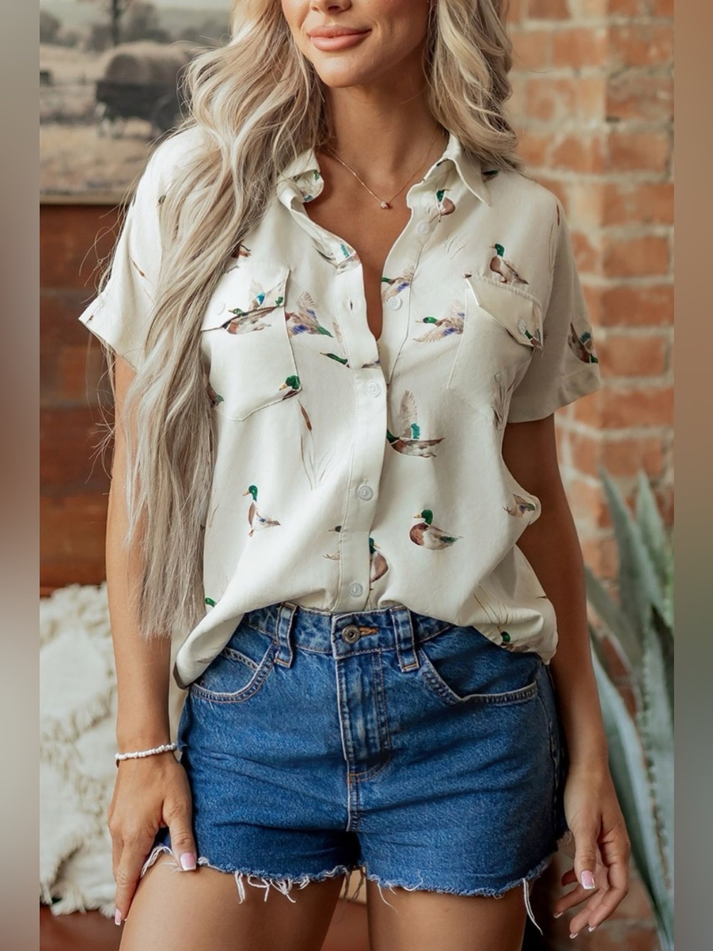Mallard Printed Button Flap Pocket Short Sleeve Shirt